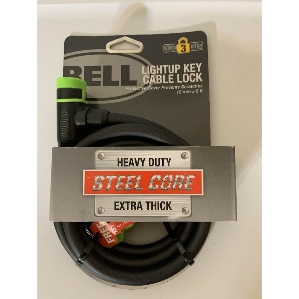 Bike Lock Bell Lightup Key Cable Lock 12 mm x 6ft Heavy Duty Black and Green NEW